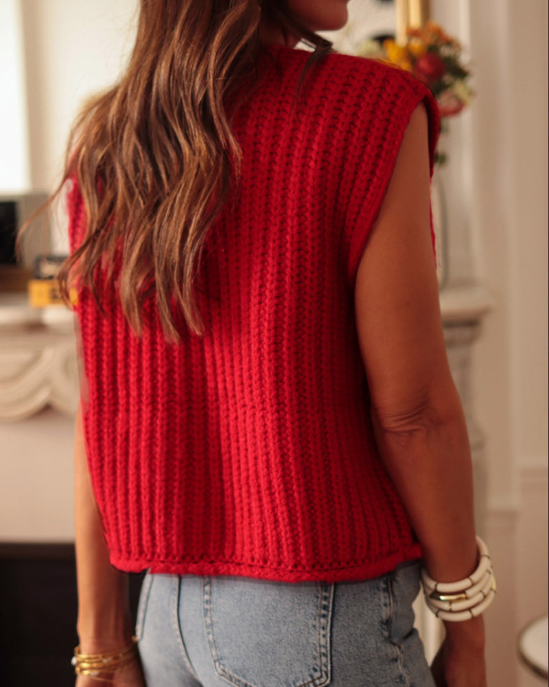 V-Neck Sleeveless Button Front Knit Vest Casual Loose Fit Sweater Top with Pockets - Image 9