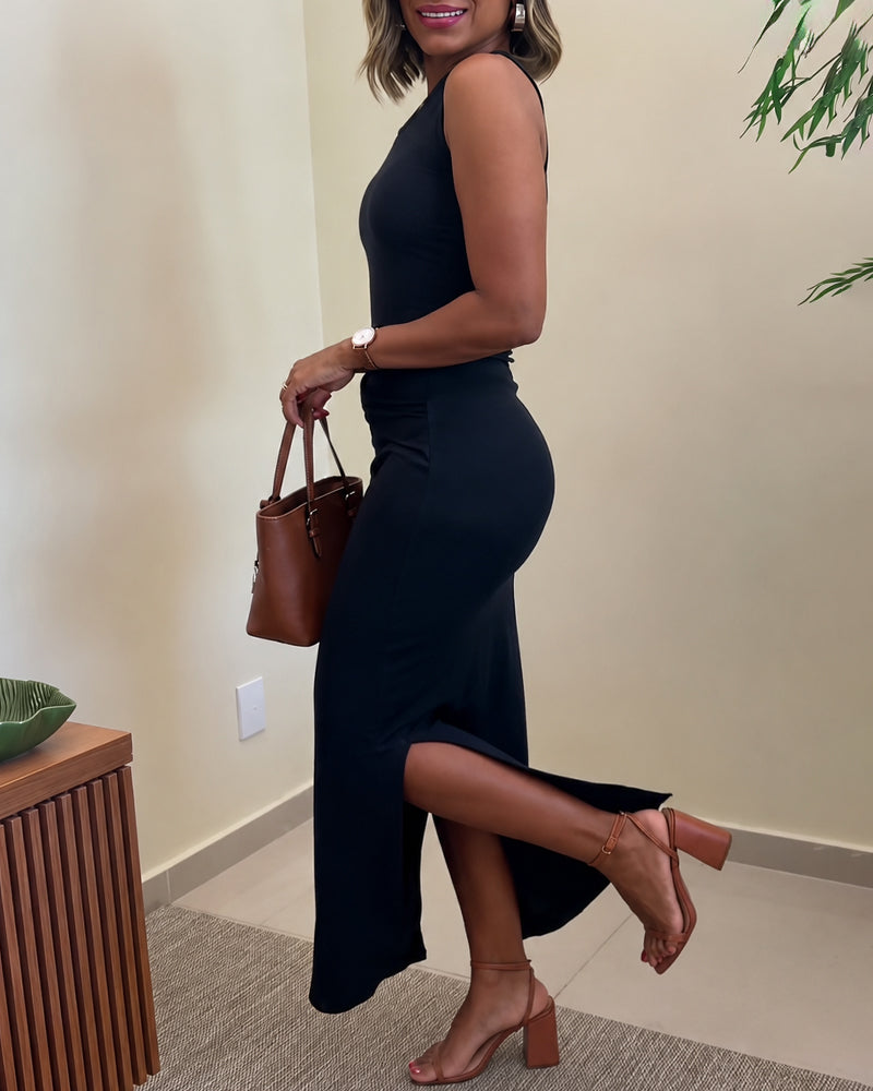 Women's Rib Knit Sleeveless Maxi Dress Ruched Gold Buckle High Waist Side Slit Bodycon Dress - Image 4