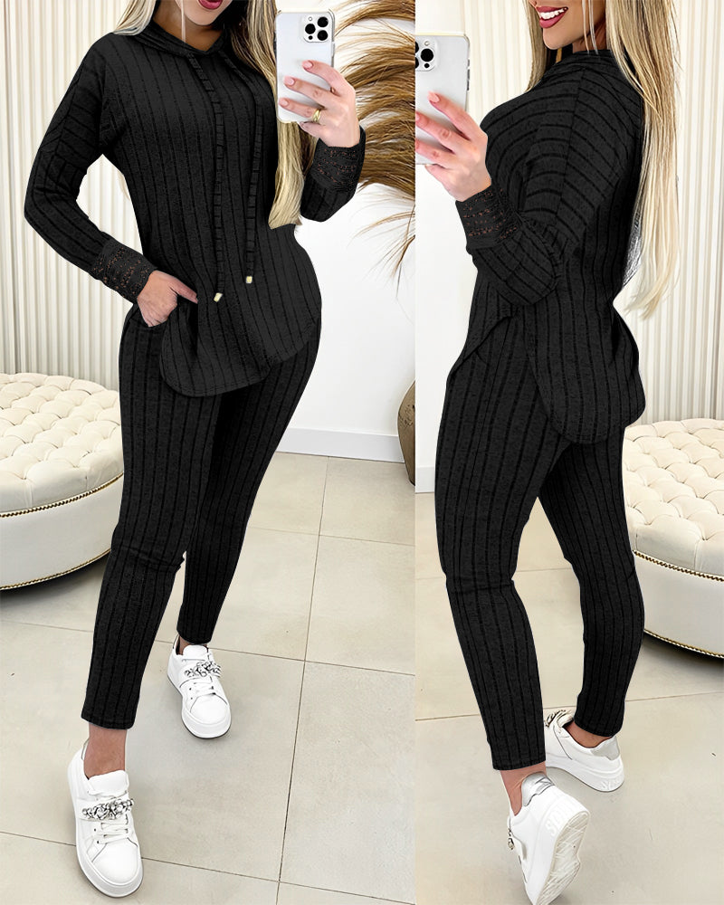 2 Pieces Outfit Drop Shoulder Lace Cuffs Asymmetrical Hem Drawstring Hoodie Top and Elastic Waist Slim Fit Pants Set Casual Brushed Ribbed Set - Image 5