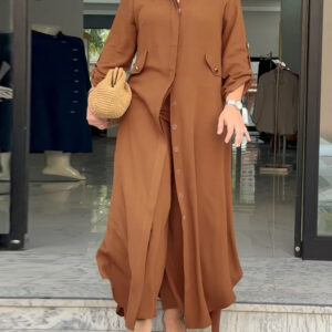 2 Pieces Outfit Turn-down Collar Turn-Up Sleeves Button Front Asymmetrical Hem Longline Blouse and Casual Elastic Waist Wide Leg Pants Set