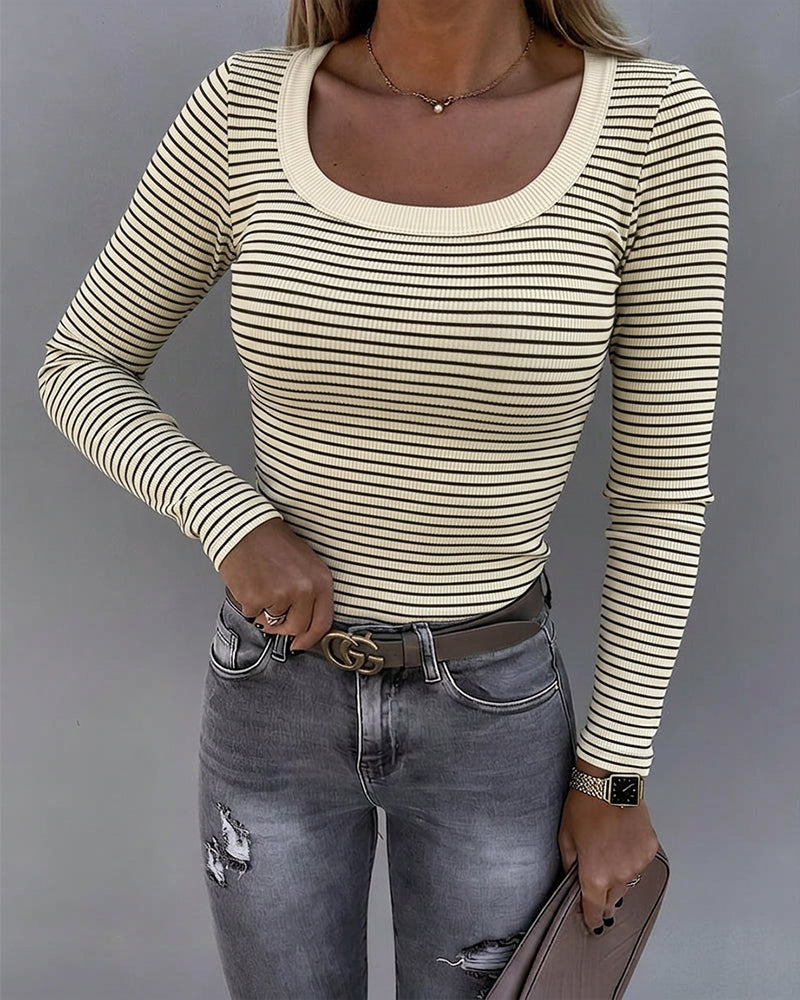 Women's Striped U-Neck Long Sleeve Slim Fit Ribbed Knit Top Casual Layering Top - Image 5