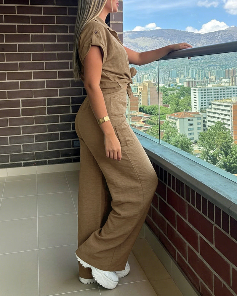 Women's 2 Piece Set Roll Up Sleeve Button Down Shirt and High Waist Wide Leg Pants - Image 5