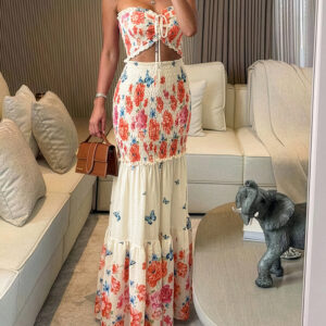 Floral & Butterfly Print Frill Trim Bandeau Tied Detail Ruched Mermaid Hem Dress Elegant Cutout Front Shirred Ruffle Hem Vacation Dress