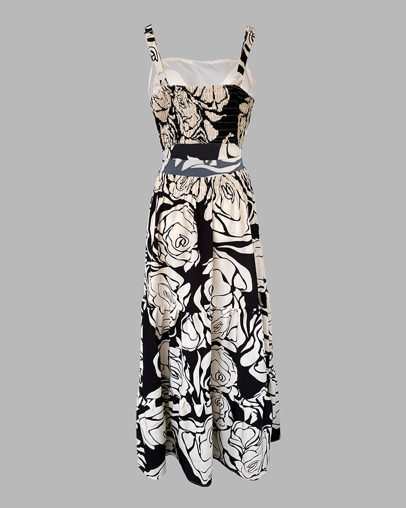 Floral Print Adjustable Straps Cutout Waist Shirred Backless Maxi Dress Casual Elastic Back Waist Ruffle Hem Vacation Dress - Image 5