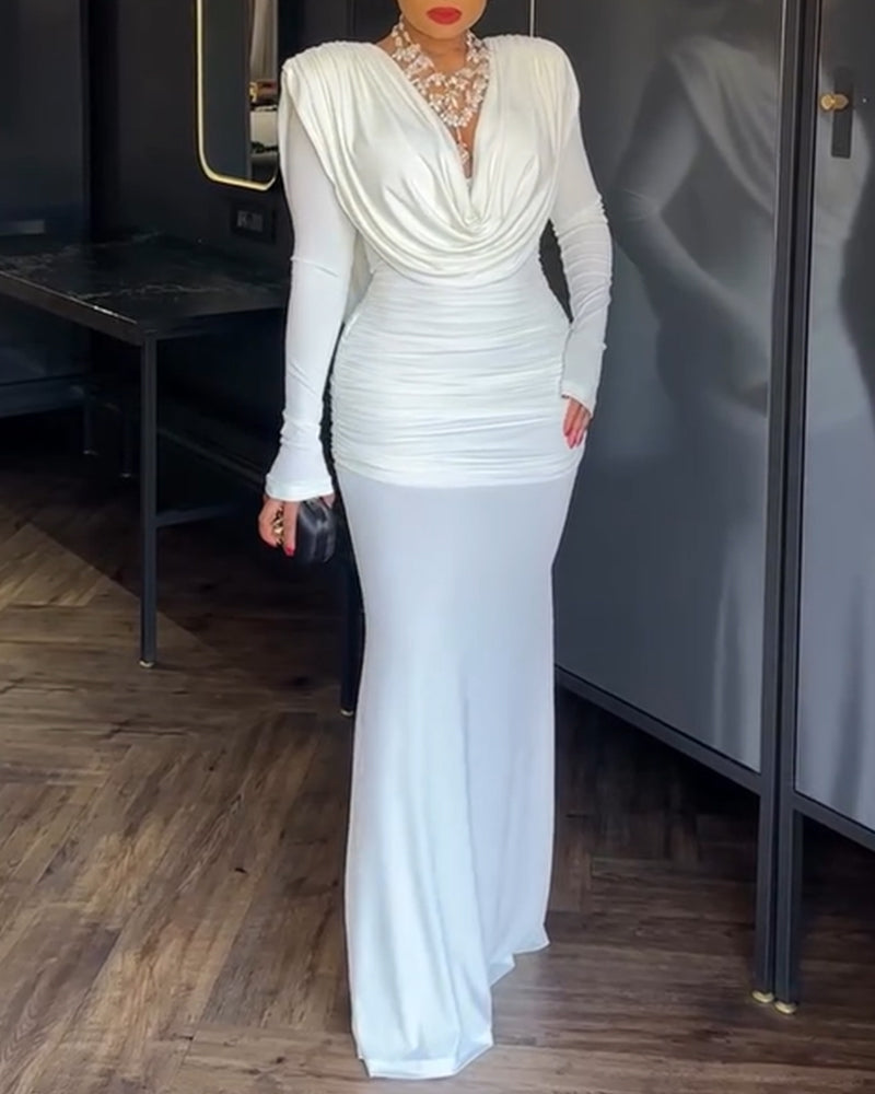 Cowl Neck Ruched Zipper Back Slim Fit Maxi Dress Casual Padded Shoulders Backless Evening Dress - Image 5