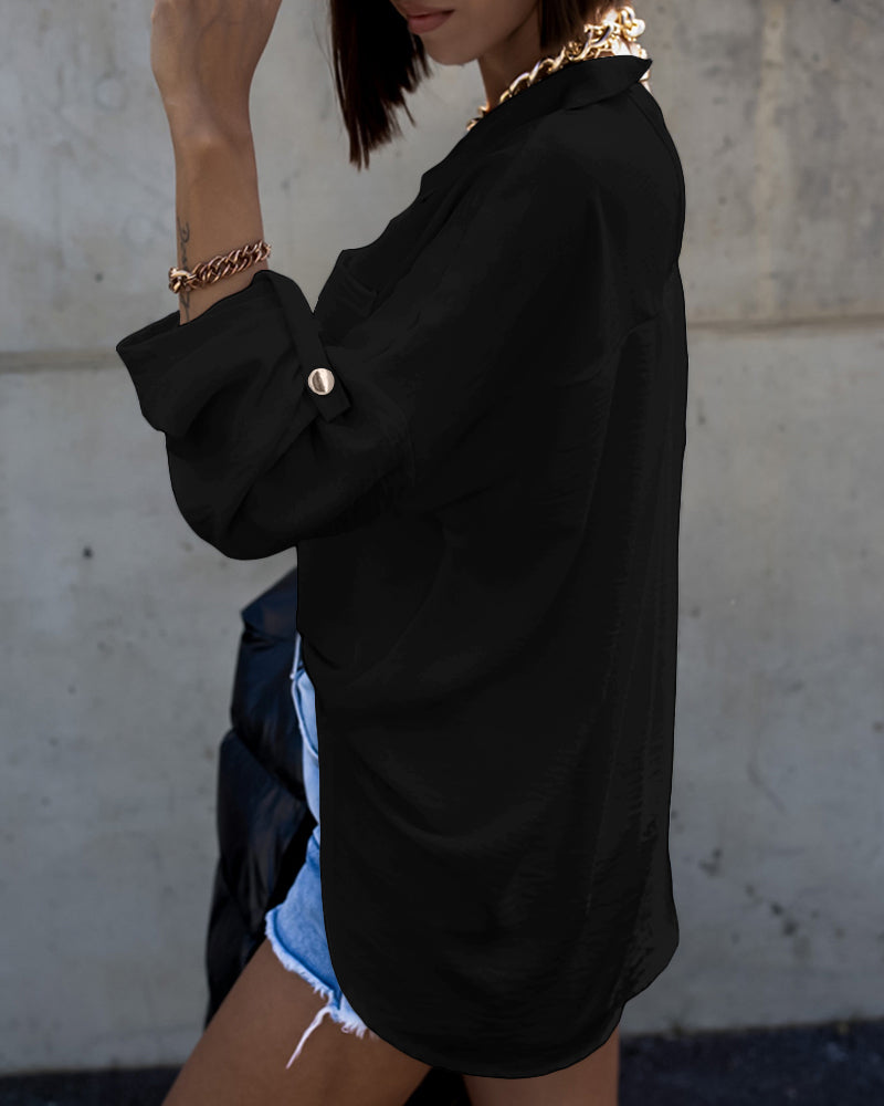 Metal Chain Decor Turn-down Collar Turn-Up Sleeves Front Button Shirt Casual Backless Asymmetrical Hem Top - Image 17