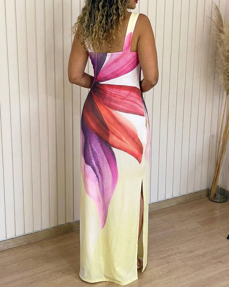 Women's Floral Print Maxi Dress Square Neck Thick Strap Sundress Casual Side Slit Vacation Dress with Pockets - Image 2