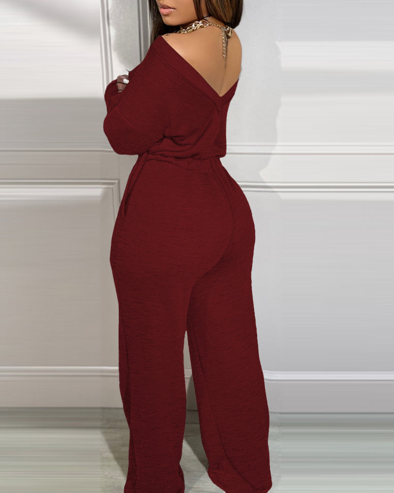 Off Shoulder V Back Elastic Waist Pockets Design Jumpsuit Casual Drop Shoulder Cinched Waist Wide Leg Jumpsuit - Image 16