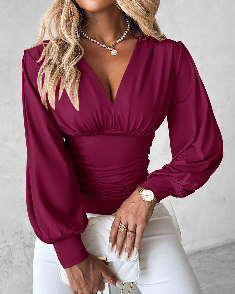 Deep V-Neck Lantern Sleeve Ruched Blouse Casual Slim Fit Top - Image 12