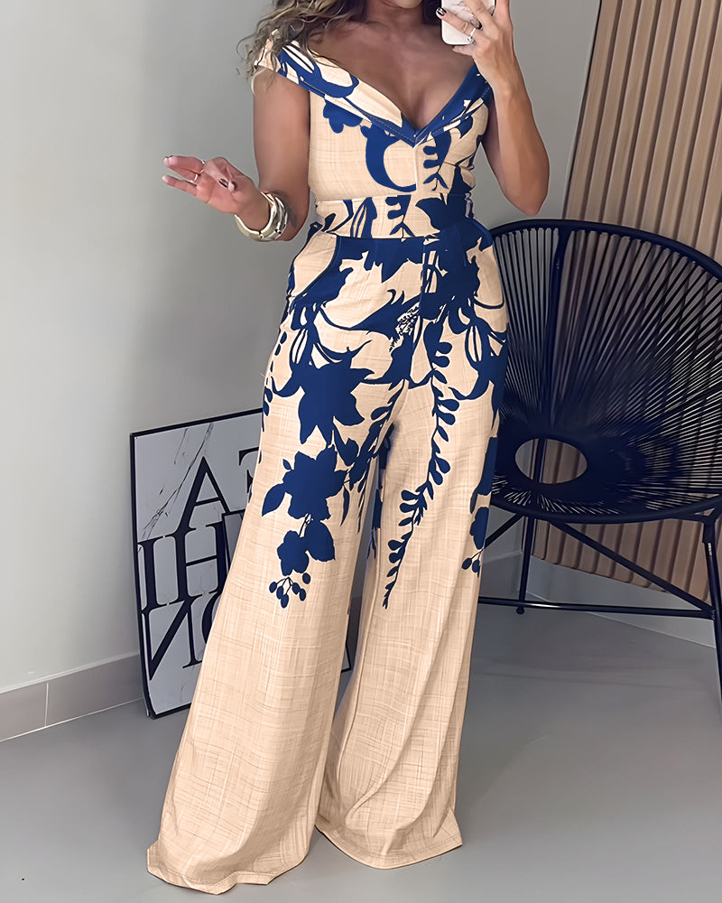 Floral Print Off Shoulder Sleeveless Deep V-Neck Jumpsuit Casual Zipper Side Wide Leg Jumpsuit - Image 11