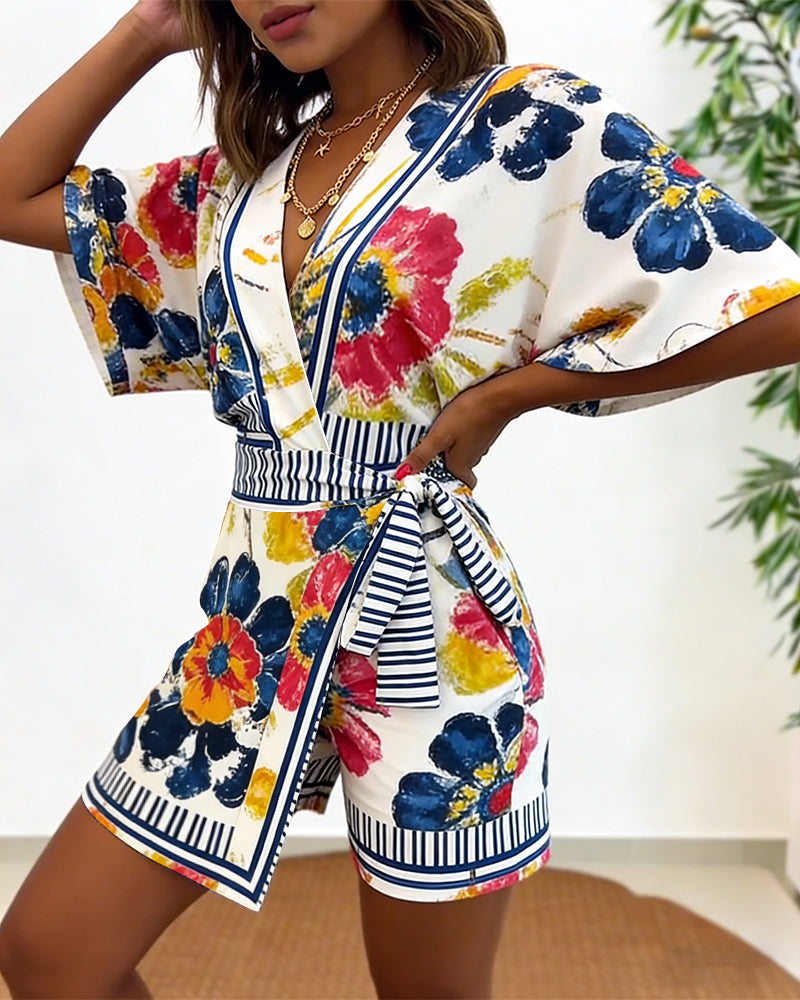 Women's Oil Painting Floral Print Romper V Neck Wrap Knot Side Jumpsuit Half Sleeve Beach Vacation Summer Skorts Romper - Image 5