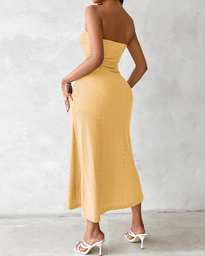 Sleeveless Ruched Cinched Waist Draped Bandeau Dress Eyelet Embroidery Slit Asymmetrical Hem Vacation Dress - Image 23