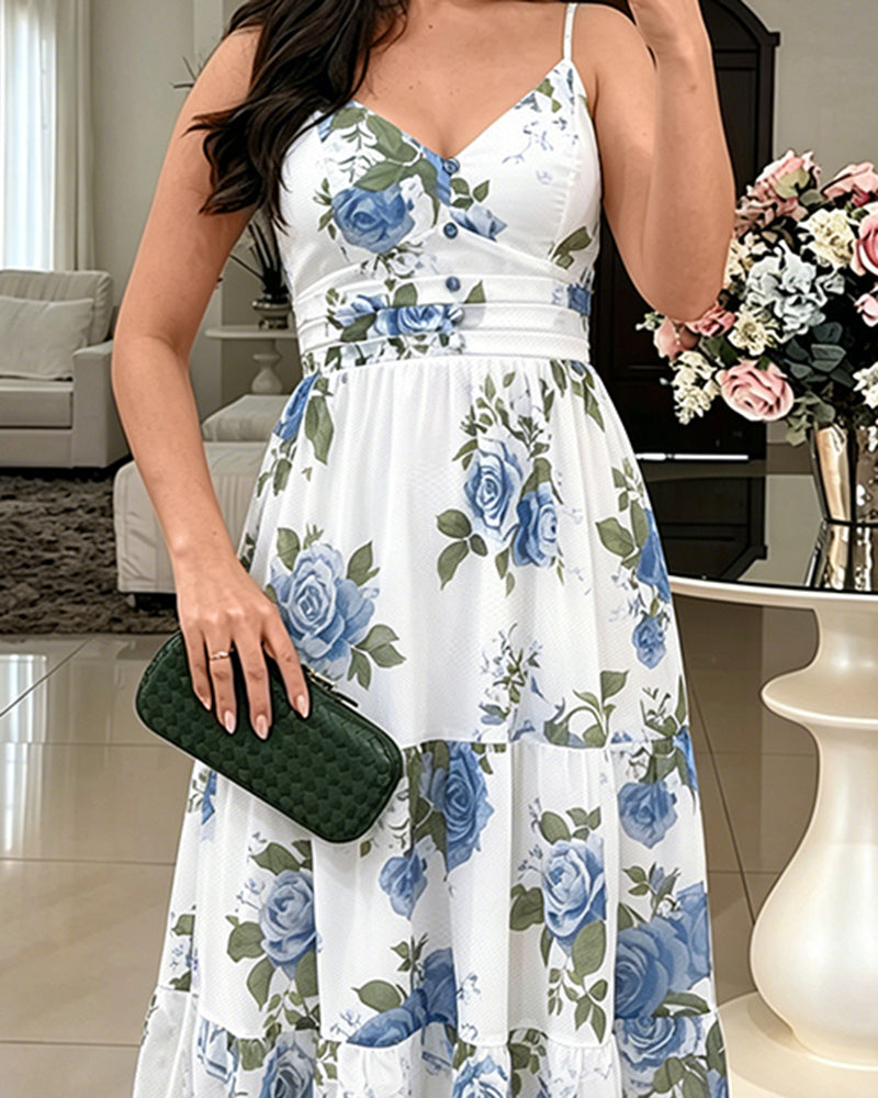 Women's Floral Print Maxi Dress Ruffle Hem Cami Dress V Neck Shirred Summer Vacation Boho Long Dress with Built-In Bra - Image 6