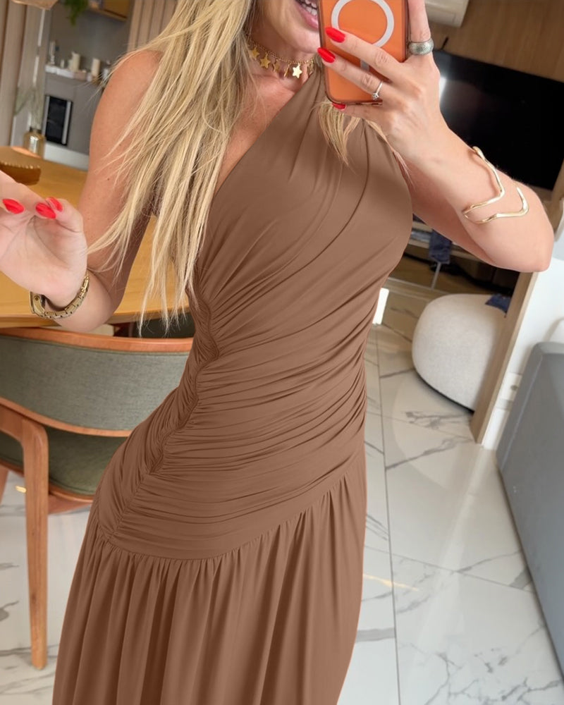 Women's One Shoulder Ruched Side Bodycon Dress Asymmetrical Hem Sleeveless Slim Fit Party Dress - Image 9