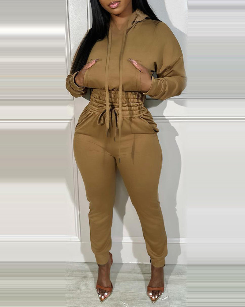2 Pieces Outfit Drop Shoulder Kangaroo Pocket Stretchy Hem Crop Drawstring Hoodie Sweatshirt And Drawstring Elastic Waist Jogger Sweatpants Casual Tracksuit - Image 2