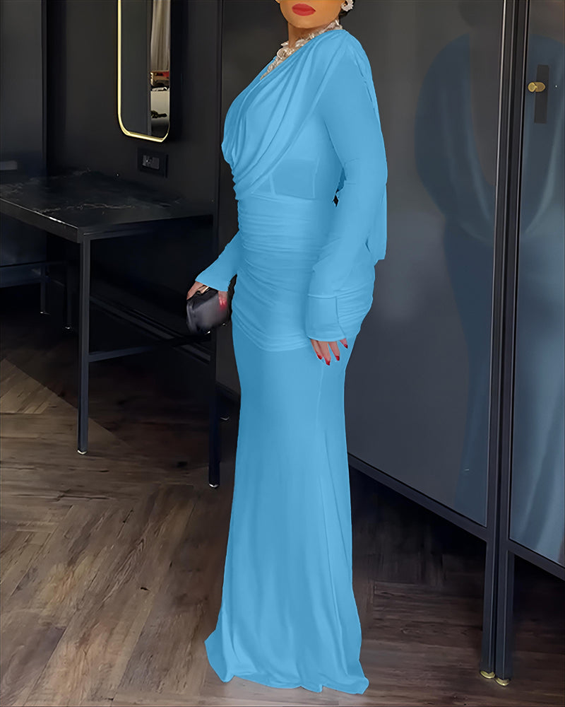 Cowl Neck Ruched Zipper Back Slim Fit Maxi Dress Casual Padded Shoulders Backless Evening Dress - Image 22