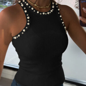 Women's Pearls Rhinestone Knit Racerback Tank Top Ribbed Crewneck Sleeveless Top