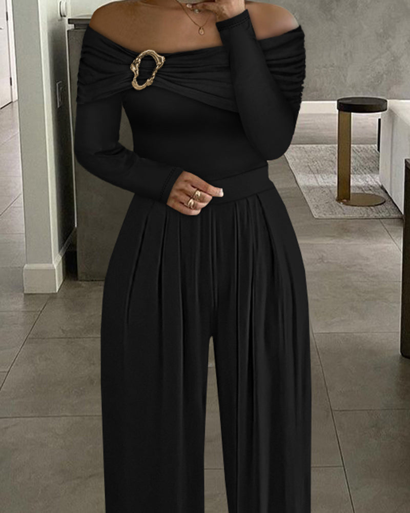 Metal Ring Decor Off Shoulder Ruched High Waist Jumpsuit Casual Cinched Waist Wide Leg Jumpsuit - Image 4