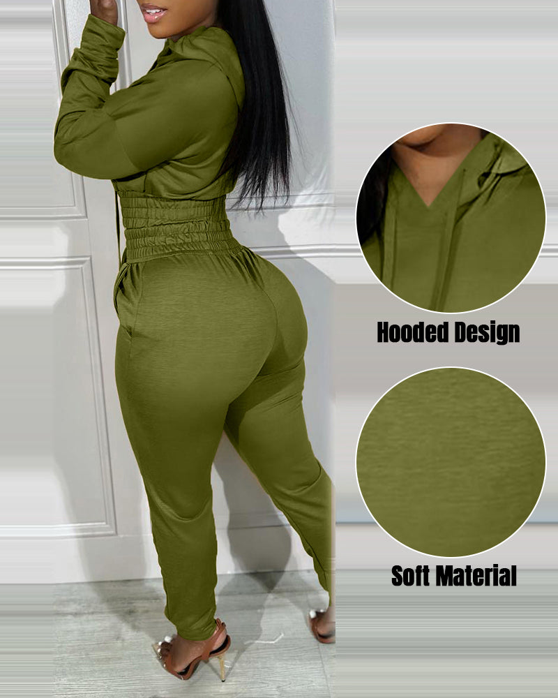 2 Pieces Outfit Drop Shoulder Kangaroo Pocket Stretchy Hem Crop Drawstring Hoodie Sweatshirt And Drawstring Elastic Waist Jogger Sweatpants Casual Tracksuit - Image 14