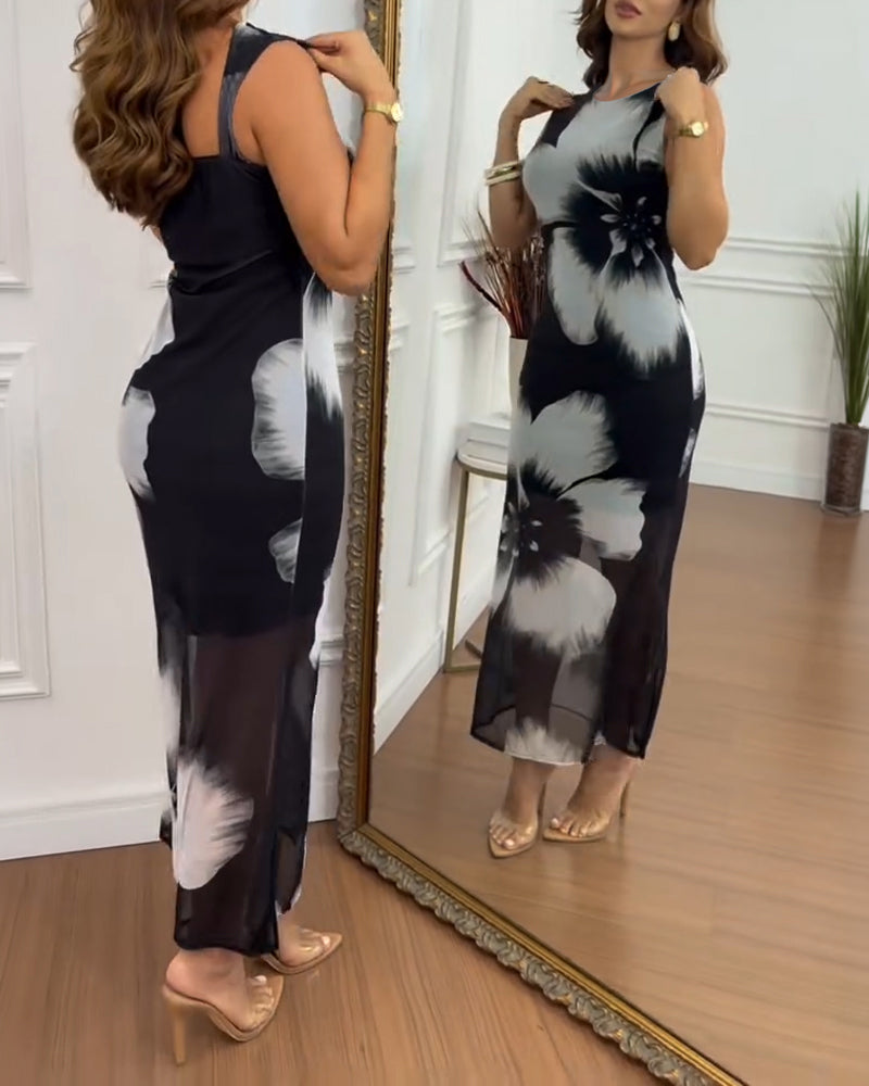 Women's Floral Print Mesh Mermaid Dress Backless Side Slit Bodycon Maxi Dress Elegant Wedding Guest Party Gown - Image 5