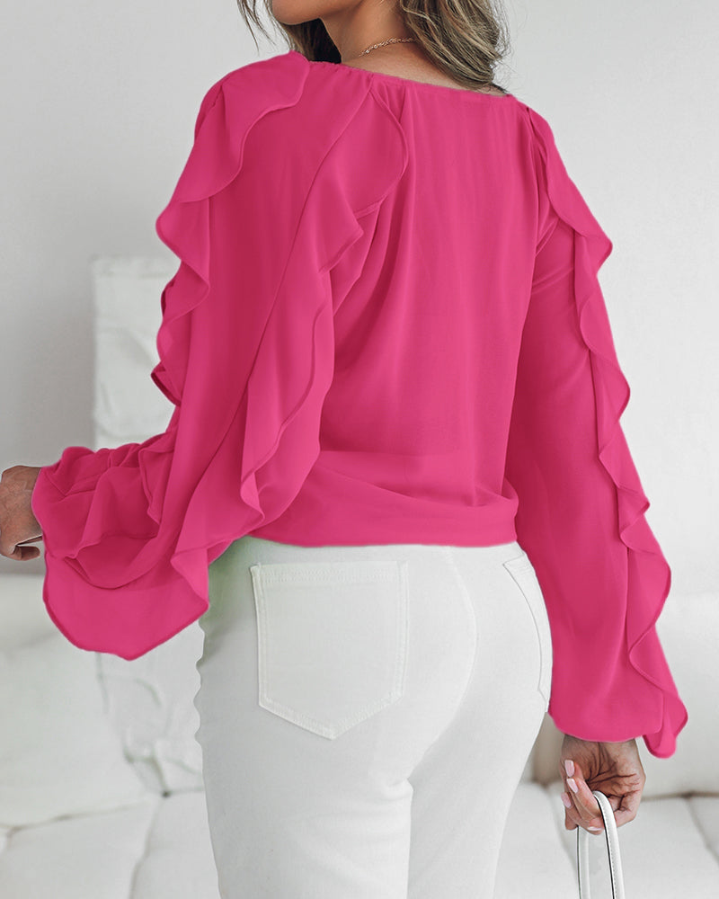 V Neck Shoulder Ruffles Design Blouse Casual Button Front Long Sleeve Top - Image 15