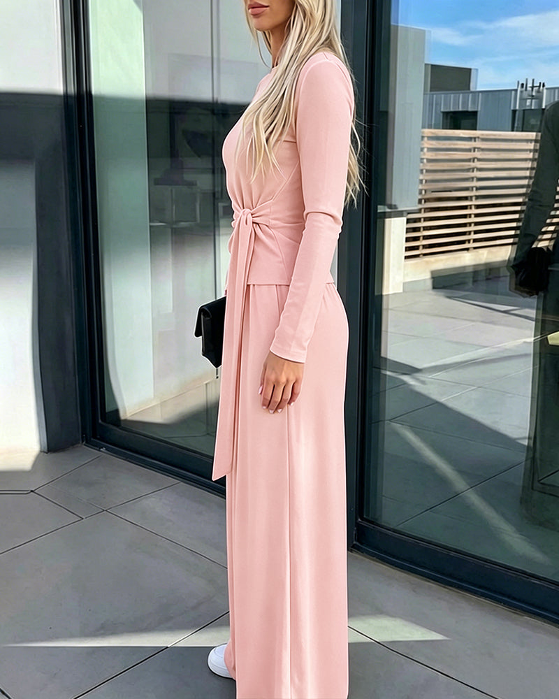 Women's 2 Piece Knit Lounge Set Long Sleeve Tie Waist Top and High Waisted Wide Leg Pants Casual Soft Sweatsuit with Pockets - Image 9