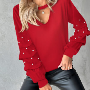 Keyhole Neck Long Sleeve Pullover Top Beaded Hollow Out Blouse Top