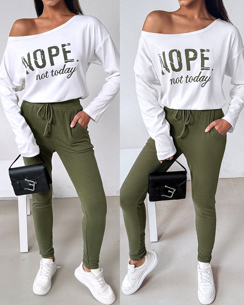 2 Pieces Outfit Nope. Not Today Slogan Print Skew Neck Long Sleeve Pullover Top And Casual Drawstring Stretchy Waist Slim Fit Pants Set - Image 2