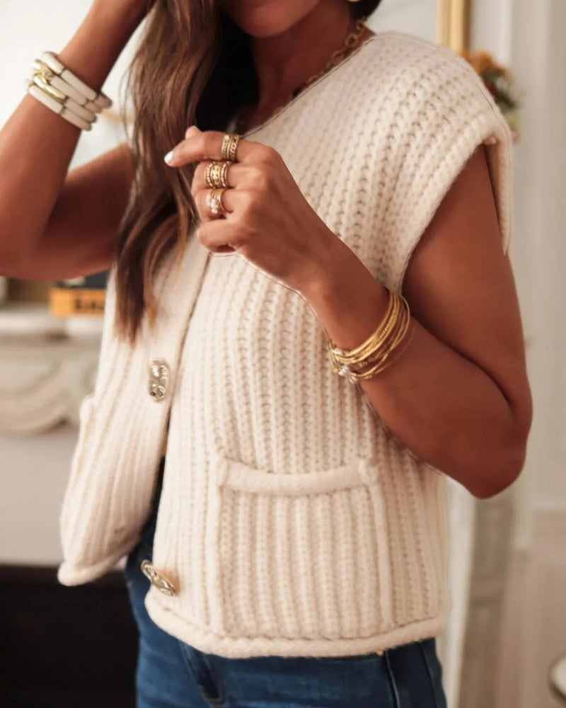 V-Neck Sleeveless Button Front Knit Vest Casual Loose Fit Sweater Top with Pockets - Image 3