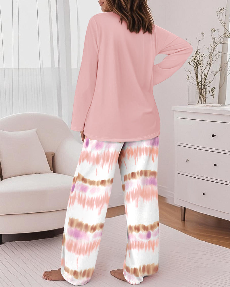 2 Pieces Outfit Letter Print Long Sleeve Top and Tie Dye Print Elastic Waist Pants Set Casual Pajamas Set - Image 9
