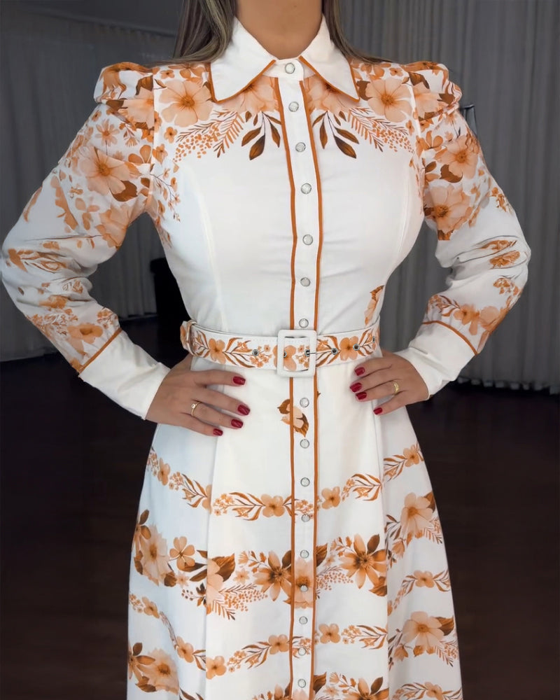 Floral Placement Print Turn-down Collar Puff Sleeve Vacation Dress Casual Button Down Shirt Dress With Belt and Lining - Image 8