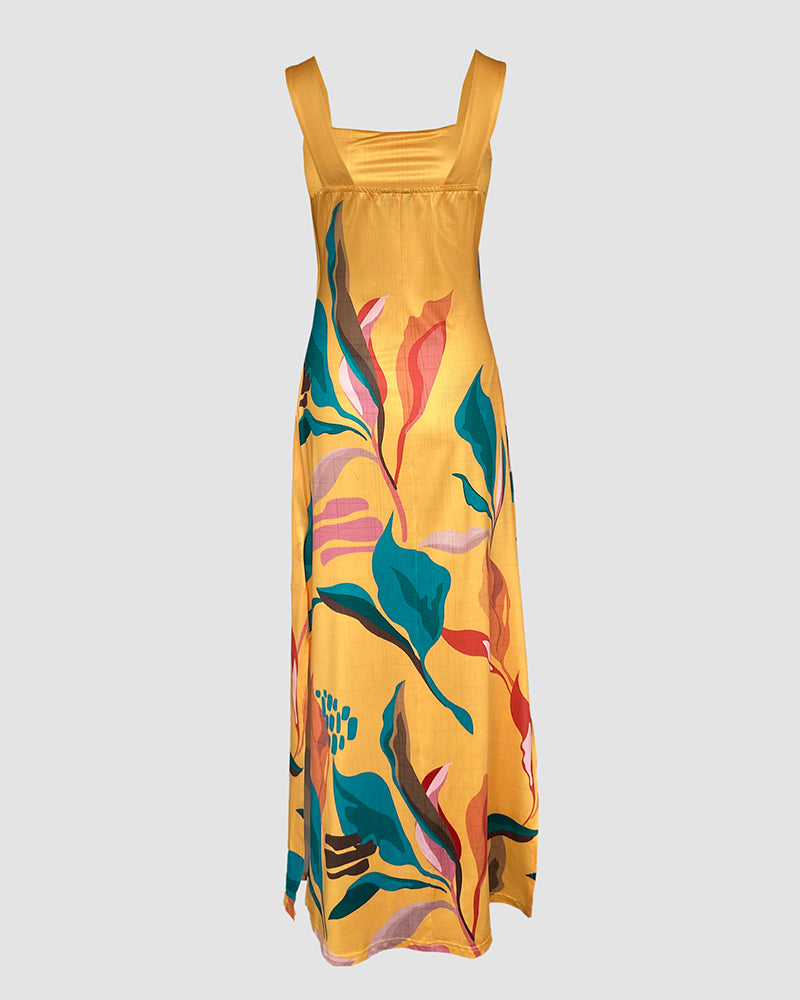Plants Placement Print Square Neck Thick Strap Side Slit Maxi Dress Casual Vacation Dress with Pockets - Image 6
