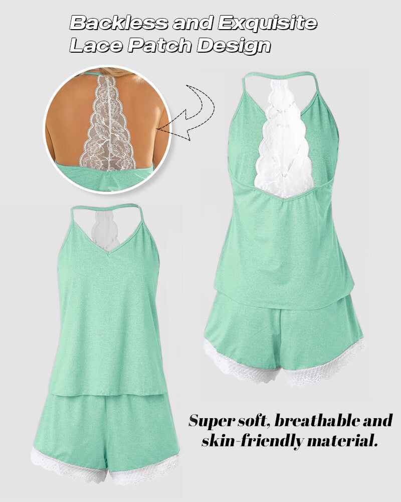 Crochet Lace Trim Backless Cami Top And Shorts Set Pajams Set Sleepwear - Image 27