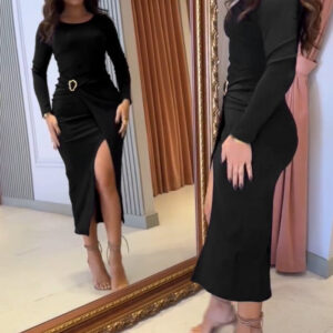 Metal Ring Decor Wrapped Slit Ribbed Commuting Dress Cinched Waist Slim Fit Mid-Length Dress