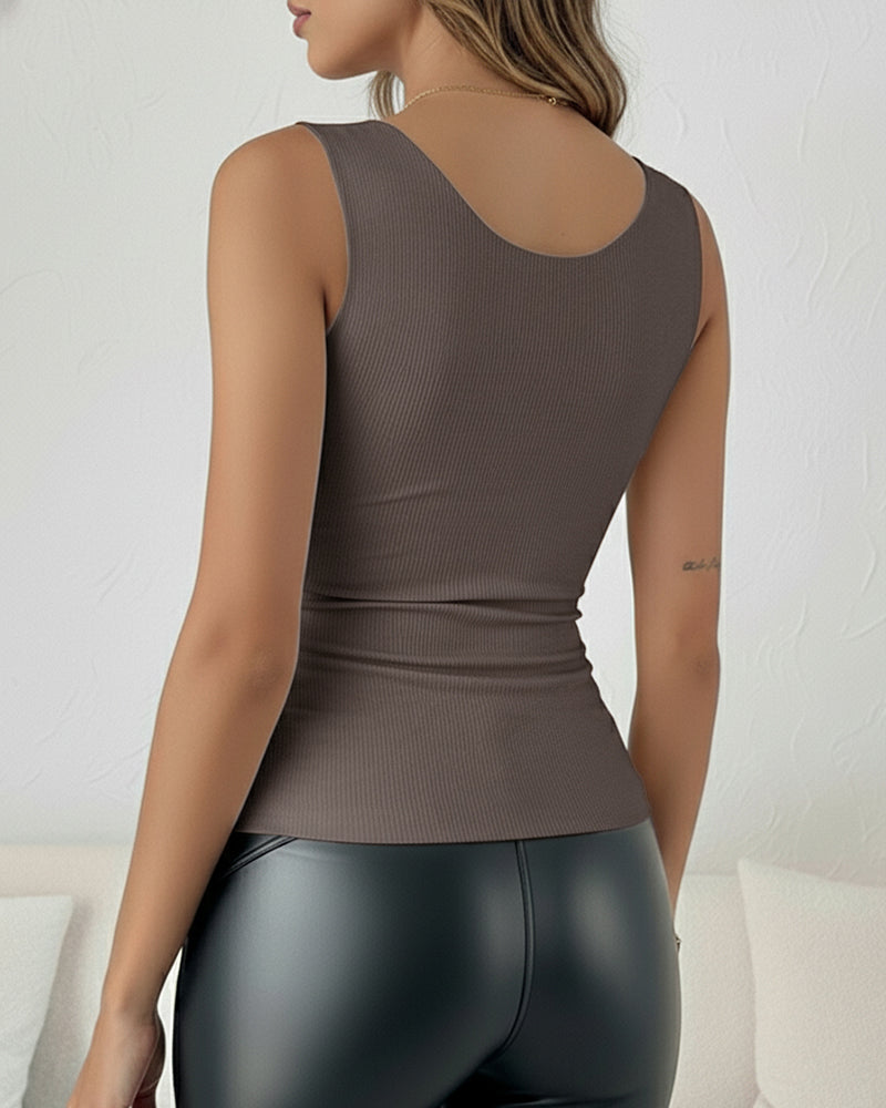 Sheer Mesh Spliced V Neck Sleeveless Built In Bra Tank Casual Warm Fleece Lined Slim Fit Top - Image 2