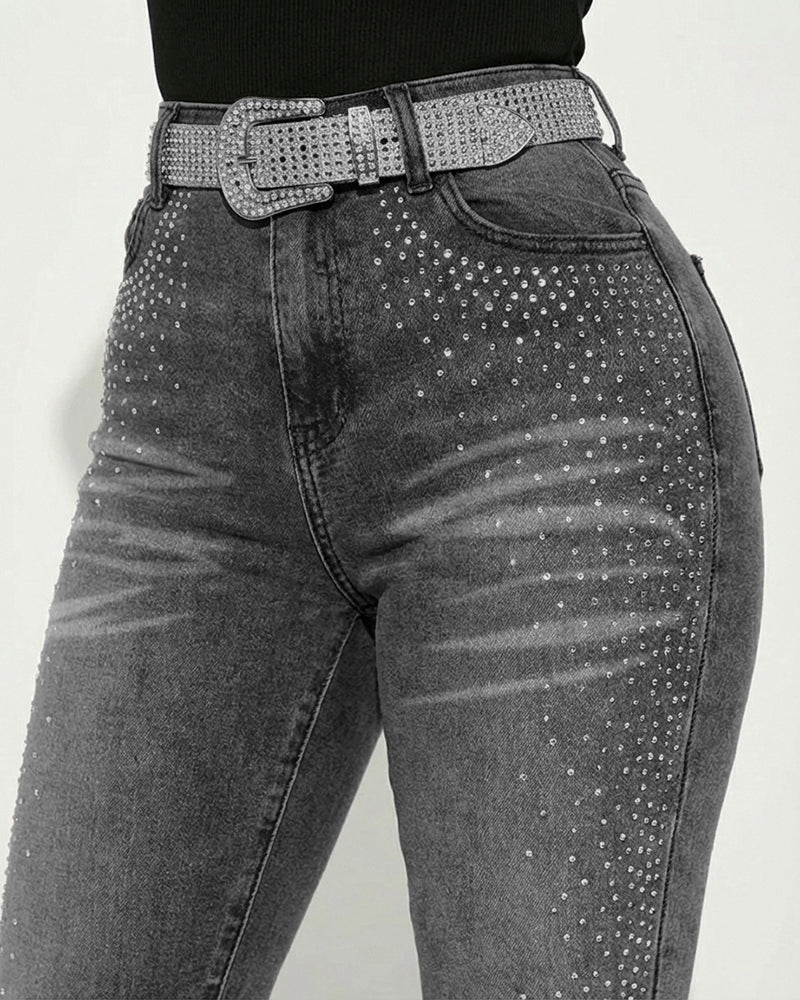 Rhinestone Decor High Waist Zipper Fly Skinny Jeans Washed Denim Pants without Belt - Image 7