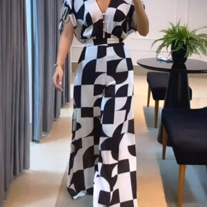 Geometric Print V-Neck Drawstring Short Sleeve Button Front Overalls Casual High Waist Zipper Back Wide Leg Jumpsuit