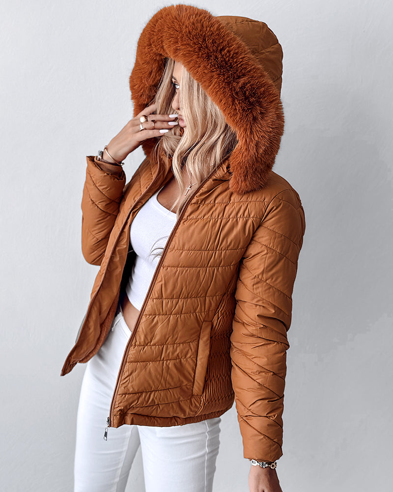 Zipper Pocket Design Shirred Fuzzy Trim Fleece Lined Hooded Puffer Jacket - Image 9