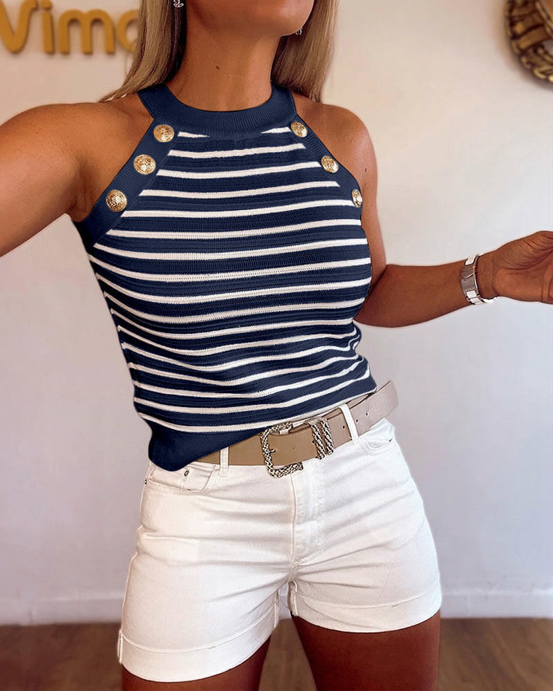 Women's Halter Neck Tank Top Striped Sleeveless Gold Button Contrast Binding Knit Top - Image 11