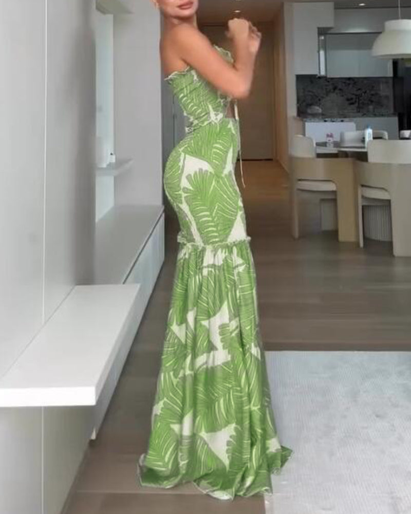 Tropical Print Halter Tie Shirred Frill Trim Cinched Waist Vacation Dress Ruched Cutout Front Slim Fit Ruffle Hem Mermaid Dress - Image 9