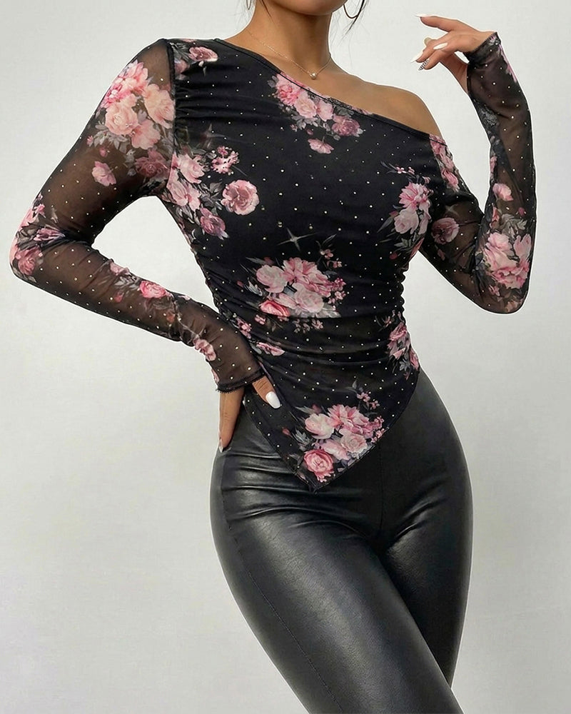 Women's Skew Neck Floral Mesh Top Rhinestone Long Sleeve Shirt Ruched Slim Fit Asymmetrical Hem Blouse with Thumbholes - Image 5