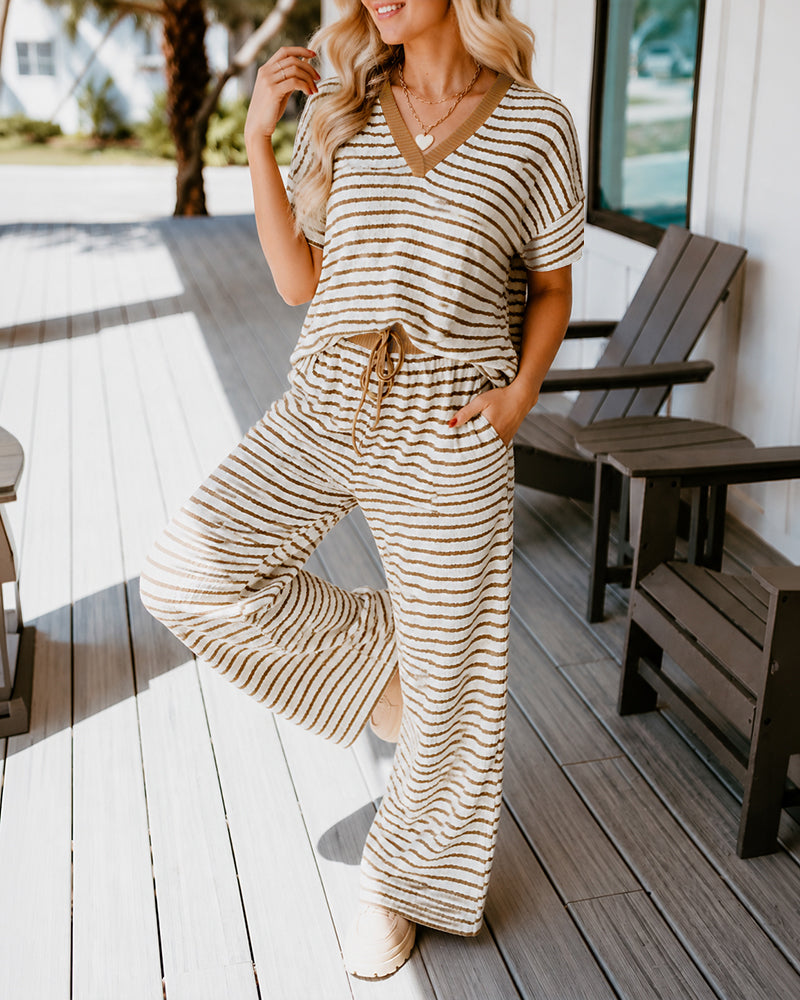 Women's 2 Piece Striped Lounge Set V Neck Short Sleeve Top and Wide Leg Pants Set - Image 6