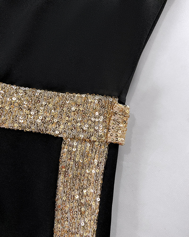 Sequin Bowknot Decor Contrast Sequin Paneled Square Neck Long Sleeve Jumpsuit Casual Cinched Waist Wide Leg Jumpsuit - Image 4