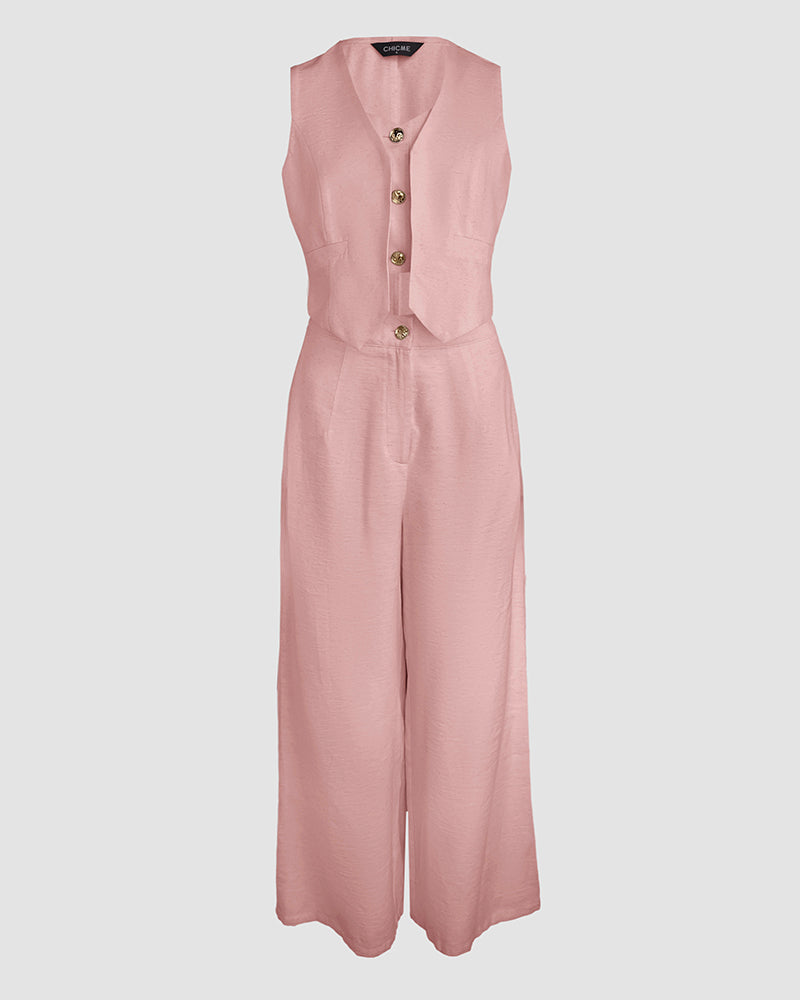 Women's Two Piece Outfits Faux Two Piece Sleeveless Crop Top and High Waisted Wide Leg Pants Elegant Matching Suit - Image 21