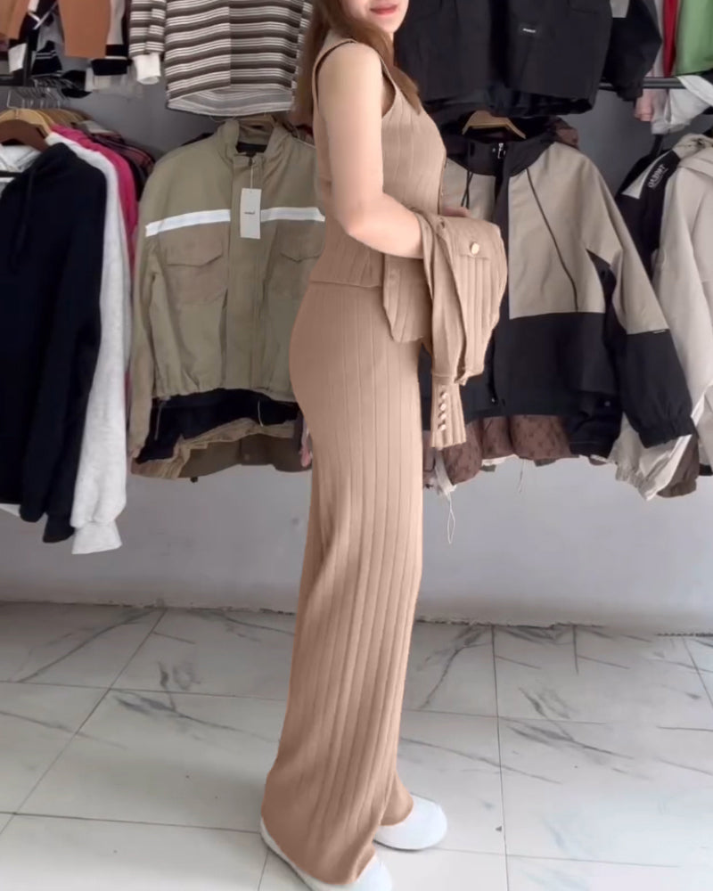 3 Pcs Outfits V Neck Long Sleeve Knit Coat with Metal Button Detail Tank Top Casual Long Pants Knit Sets - Image 6
