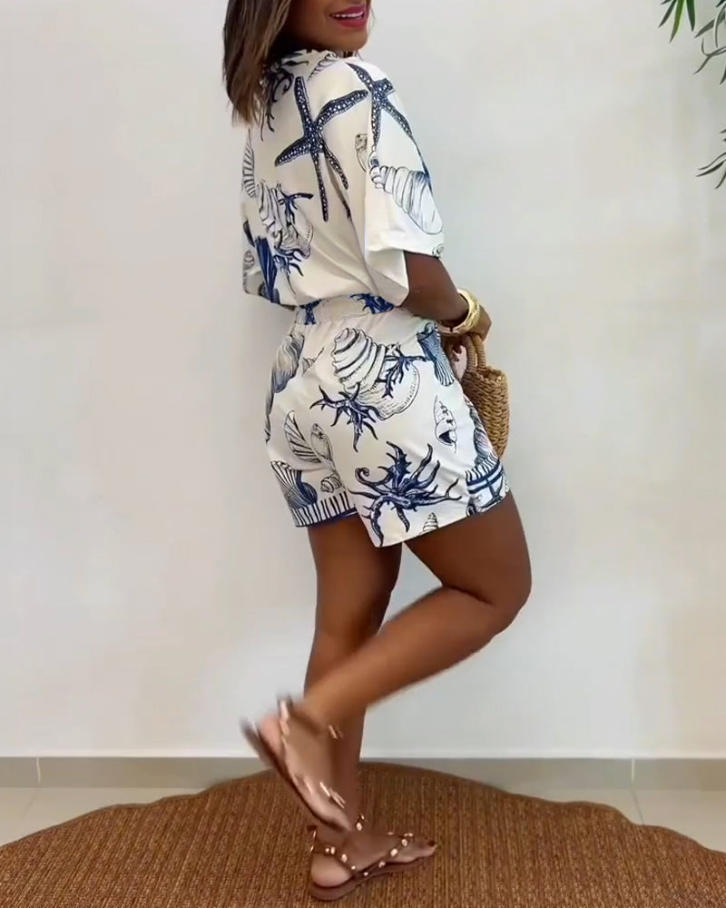 Starfish & Seashell Print Overlap V Neck Half Sleeve Wrap Knot Side Romper Casual Stretchy Back Waist Vacation Romper - Image 5