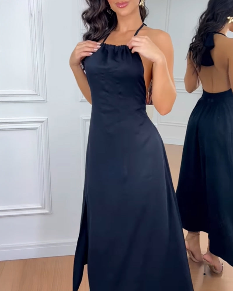 Halter Sleeveless Backless Maxi Dress Casual Shirred Back Side Slit Vacation Dress - Image 10
