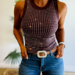Rhinestone Decor O-neck Sleeveless Tee Slim Fit Ribbed Tank Top