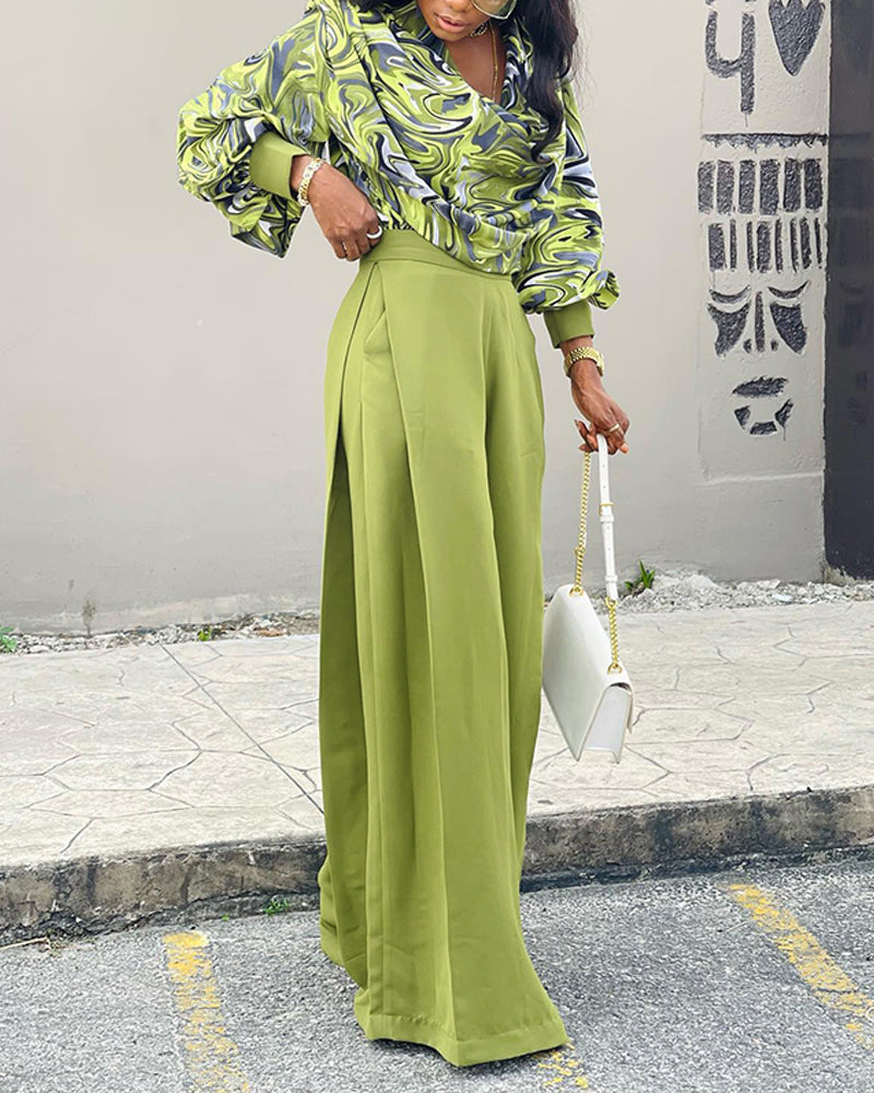 2 Pieces Outfit Abstract Print Cowl Neck Lantern Sleeve Stretchy Hem Crop Top and Casual Zipper Side Ruched Wide Leg Pants Set - Image 5