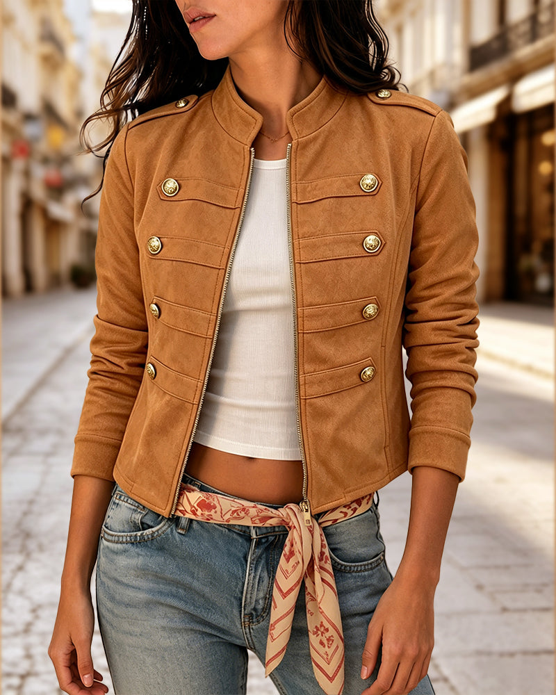 Women's Suede Crop Bomber Jacket Casual Stand Collar Double Breasted Gold Button Coat - Image 4